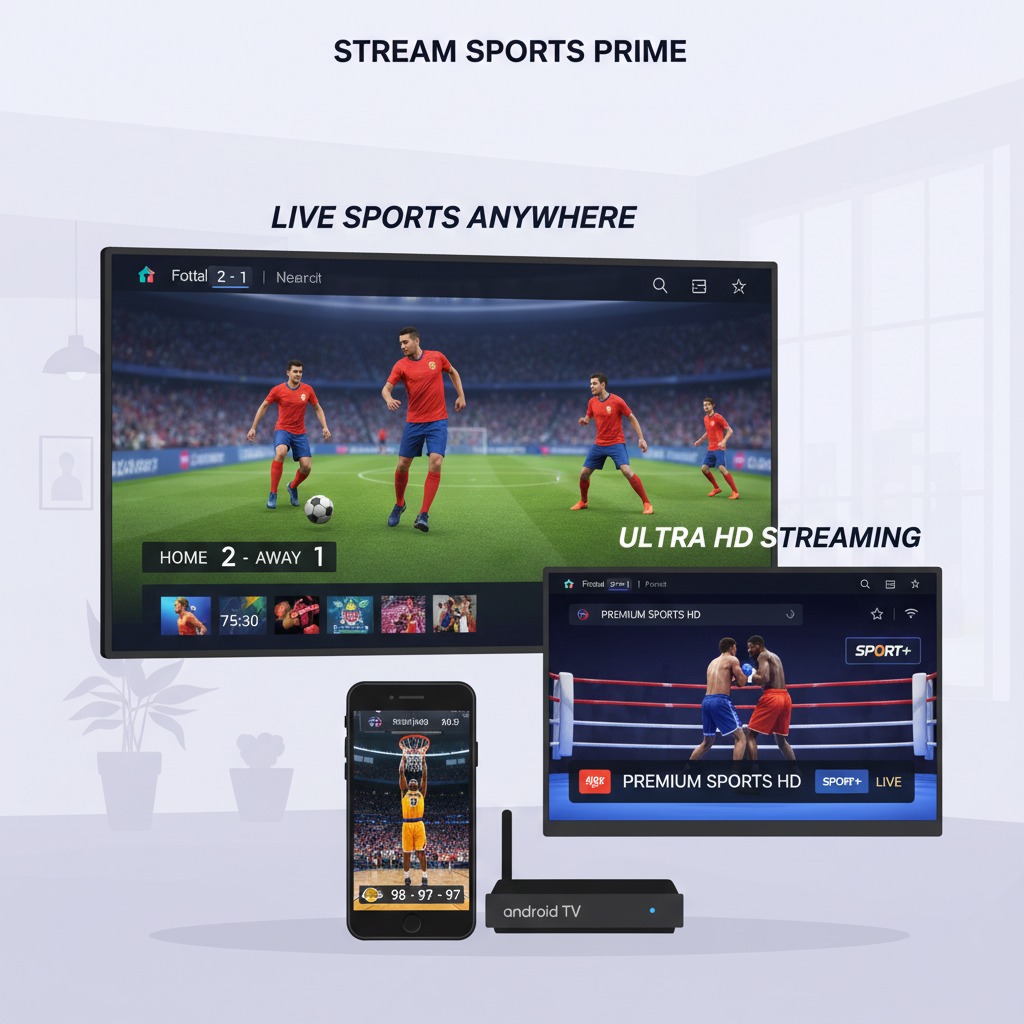 A television, a tablet, and a smartphone display live sports streaming content alongside an Android TV box.